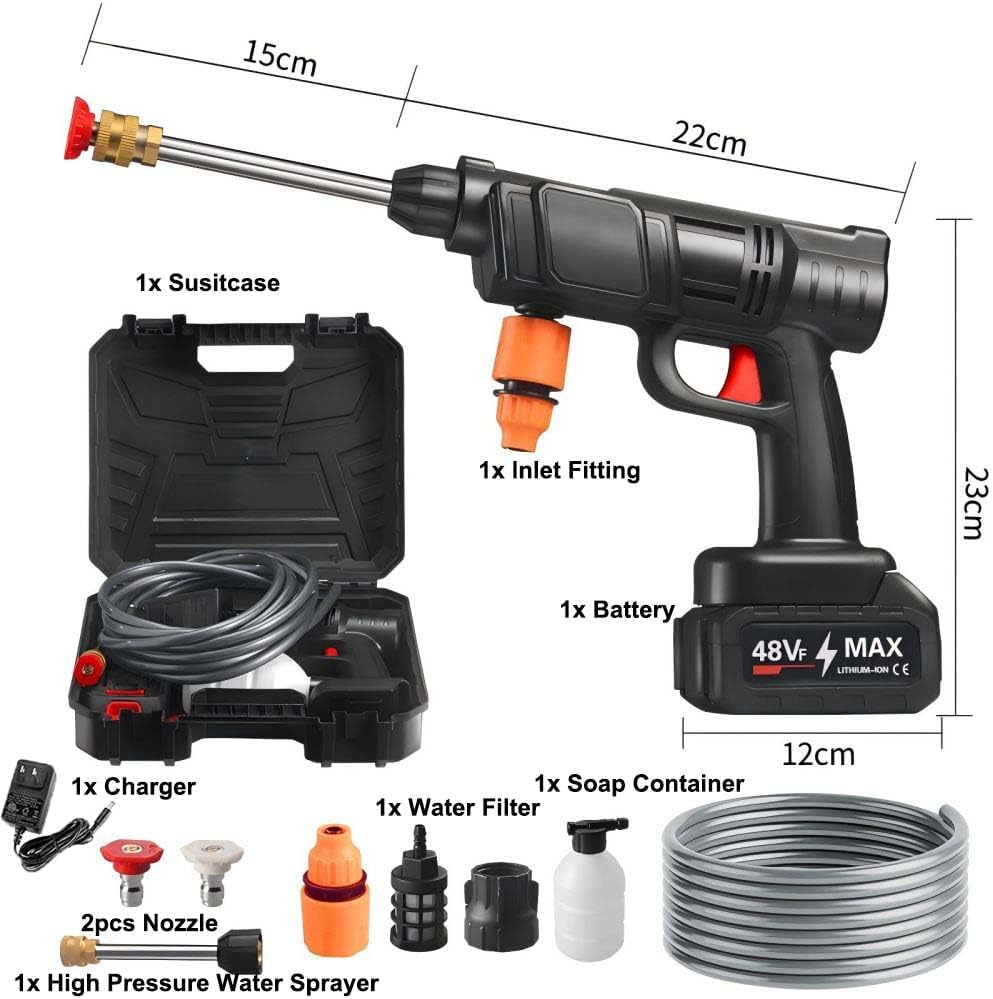 High-Pressure Washer 48V – 30 Bar Water Spray Gun with Lithium Battery, 60-Min Runtime, Portable Cleaner for Car & Outdoor Cleaning