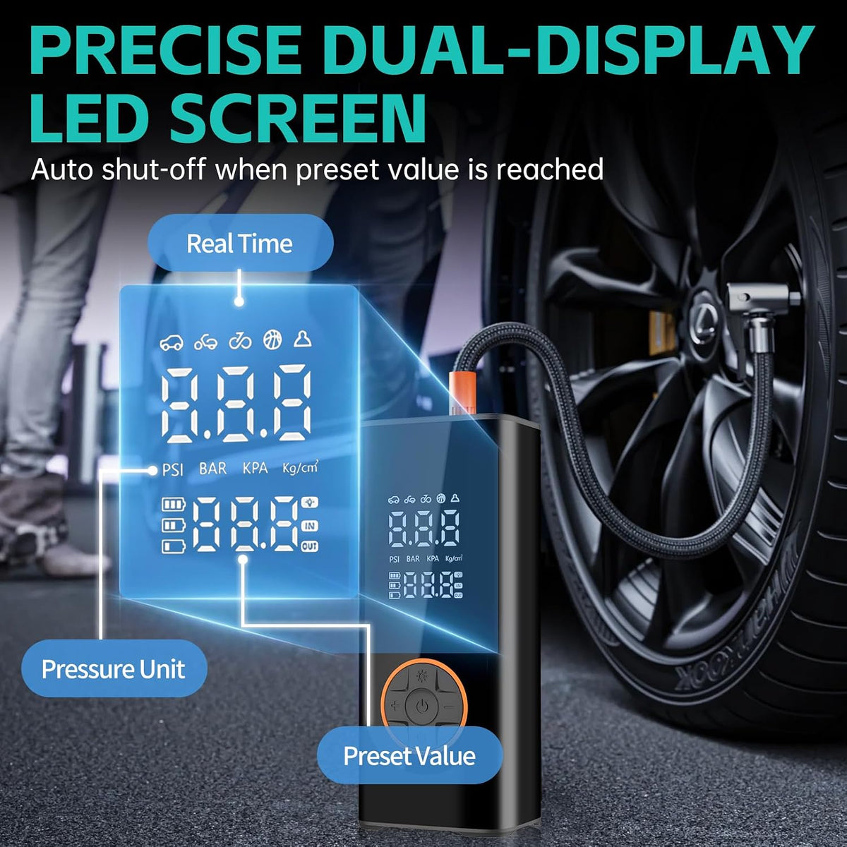 Portable 12V Tire Inflator & Air Compressor – 150 PSI Electric Car Tyre Pump with Digital Display, Auto Shut-Off, LED Light & 4 Nozzles
