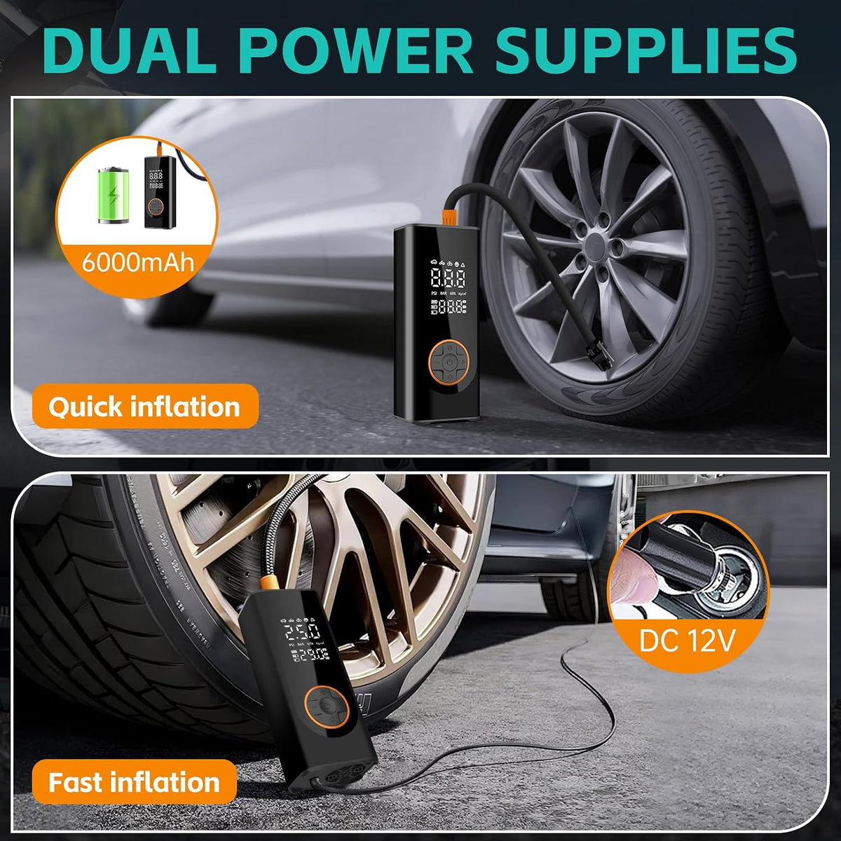 Portable 12V Tire Inflator & Air Compressor – 150 PSI Electric Car Tyre Pump with Digital Display, Auto Shut-Off, LED Light & 4 Nozzles