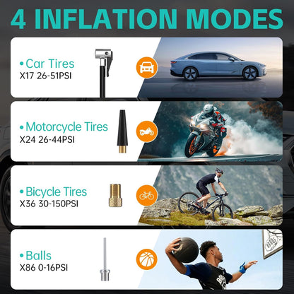 Portable 12V Tire Inflator & Air Compressor – 150 PSI Electric Car Tyre Pump with Digital Display, Auto Shut-Off, LED Light & 4 Nozzles